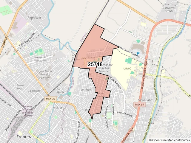 Mapa del código postal 25718, Monclova, Coahuila de Zaragoza