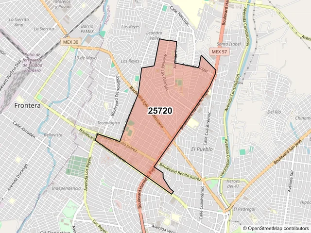 Mapa del código postal 25720, Monclova, Coahuila de Zaragoza