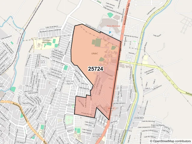 Mapa del código postal 25724, Monclova, Coahuila de Zaragoza