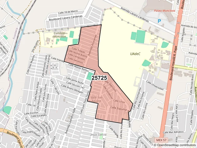 Mapa del código postal 25725, Monclova, Coahuila de Zaragoza