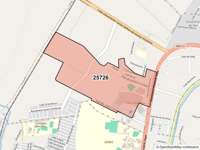 Mapa del código postal 25726, Monclova, Coahuila de Zaragoza