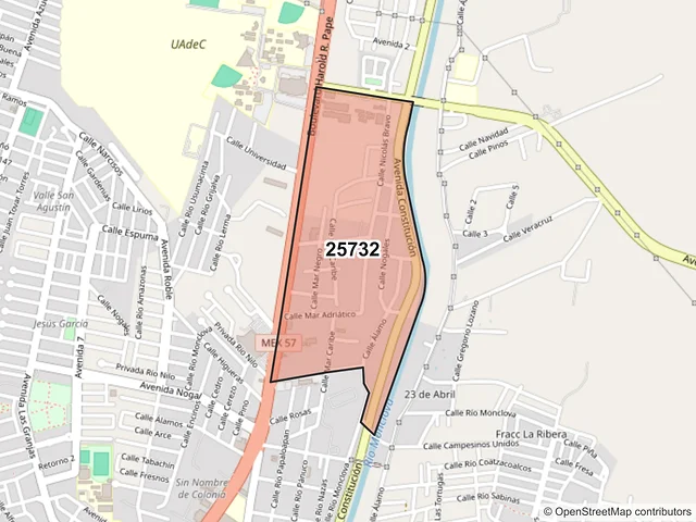 Mapa del código postal 25732, Monclova, Coahuila de Zaragoza