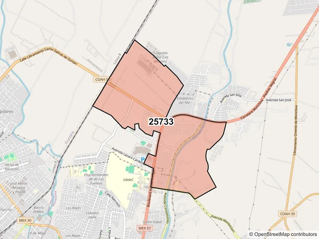 Mapa del código postal 25733, Monclova, Coahuila de Zaragoza