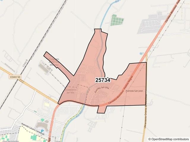 Mapa del código postal 25734, Monclova, Coahuila de Zaragoza
