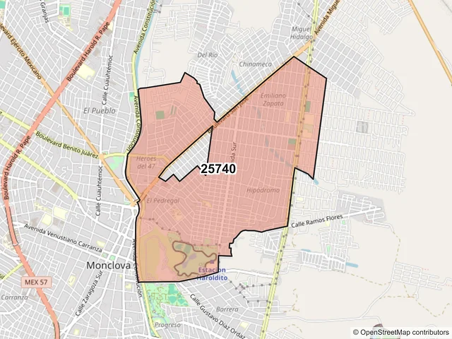 Mapa del código postal 25740, Monclova, Coahuila de Zaragoza