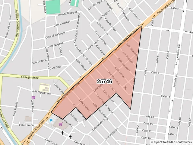 Mapa del código postal 25746, Monclova, Coahuila de Zaragoza