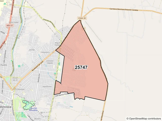 Mapa del código postal 25747, Monclova, Coahuila de Zaragoza