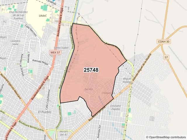 Mapa del código postal 25748, Monclova, Coahuila de Zaragoza