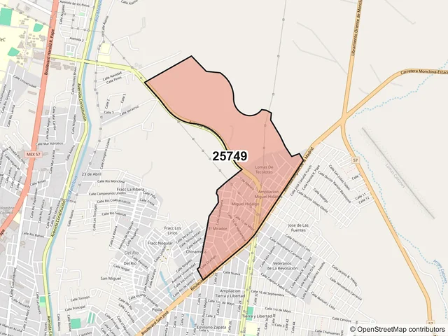 Mapa del código postal 25749, Monclova, Coahuila de Zaragoza