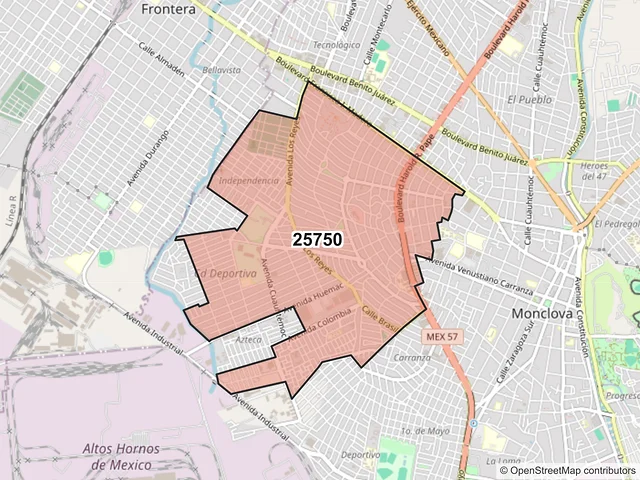 Mapa del código postal 25750, Monclova, Coahuila de Zaragoza