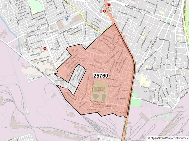 Mapa del código postal 25760, Monclova, Coahuila de Zaragoza