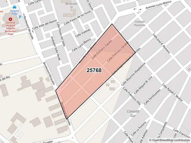 Mapa del código postal 25768, Monclova, Coahuila de Zaragoza