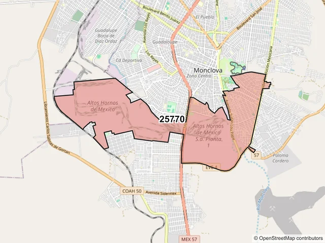Mapa del código postal 25770, Monclova, Coahuila de Zaragoza