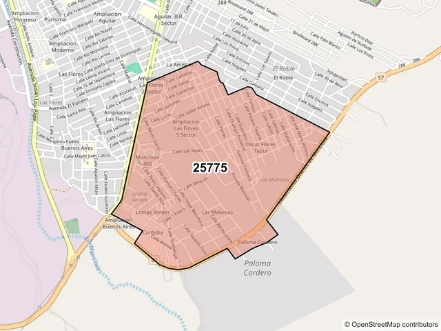 Mapa del código postal 25775, Monclova, Coahuila de Zaragoza