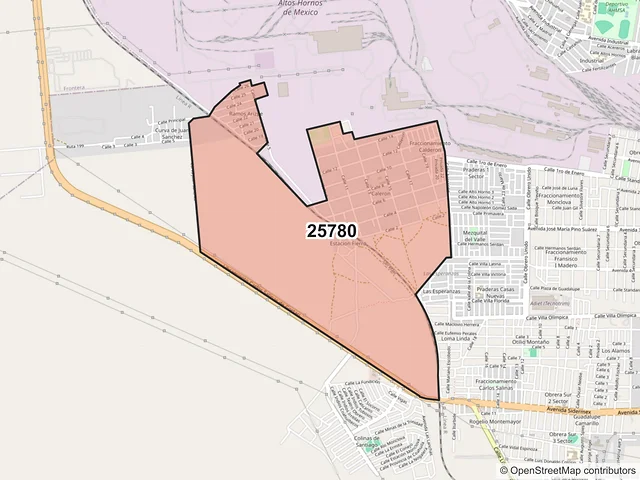 Mapa del código postal 25780, Monclova, Coahuila de Zaragoza
