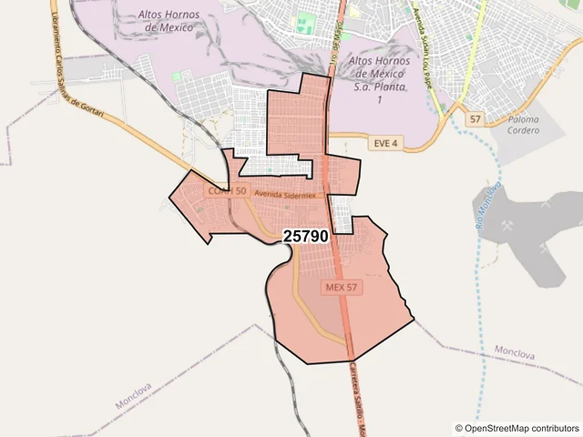 Mapa del código postal 25790, Monclova, Coahuila de Zaragoza