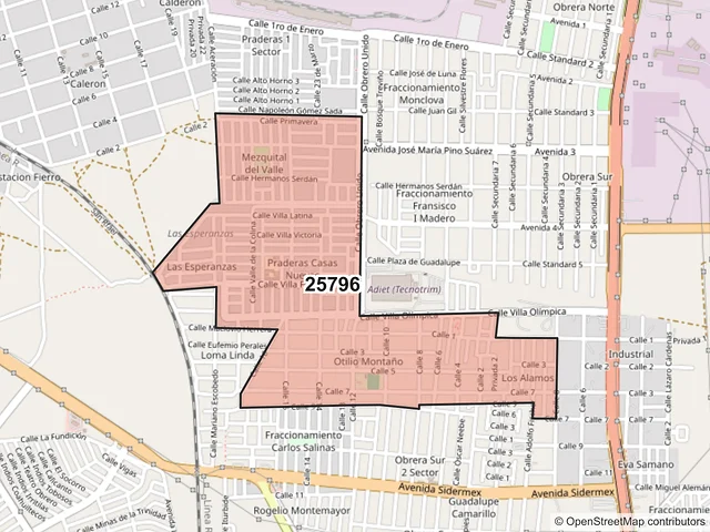 Mapa del código postal 25796, Monclova, Coahuila de Zaragoza