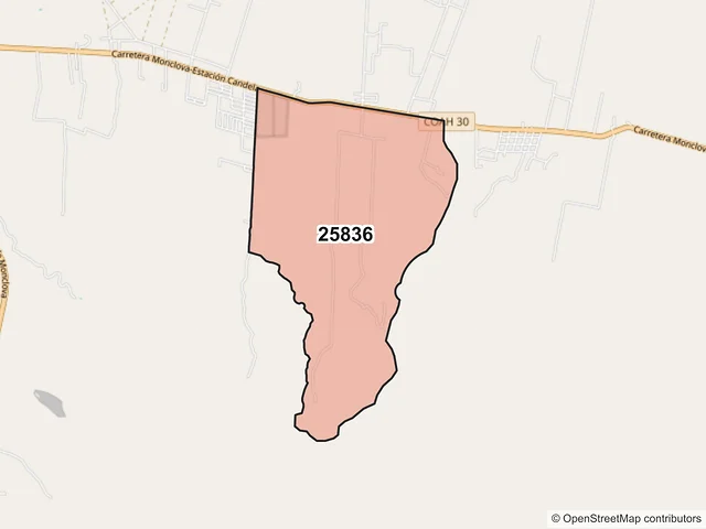 Mapa del código postal 25836, Monclova, Coahuila de Zaragoza