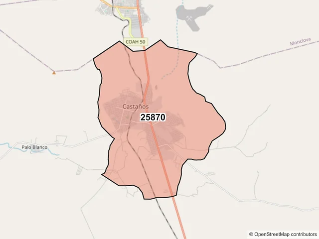 Mapa del código postal 25870, Castaños, Coahuila de Zaragoza