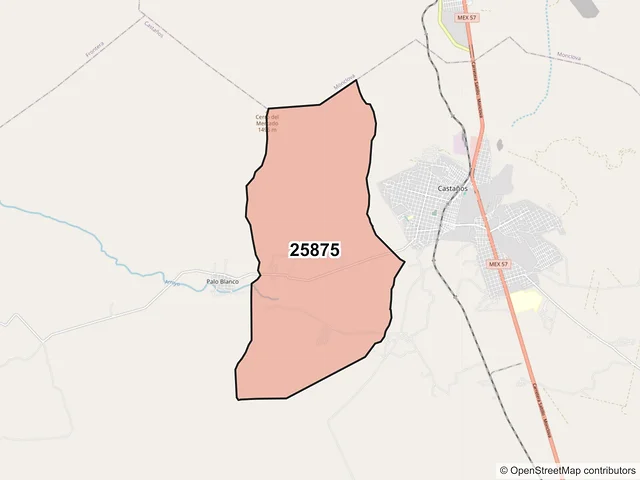 Mapa del código postal 25875, Castaños, Coahuila de Zaragoza