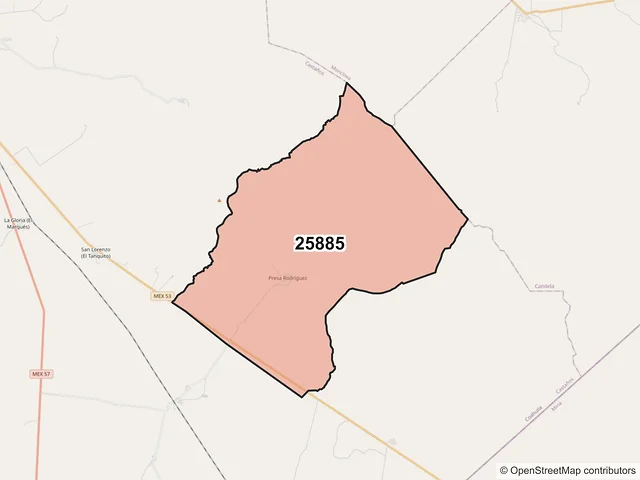 Mapa del código postal 25885, Castaños, Coahuila de Zaragoza