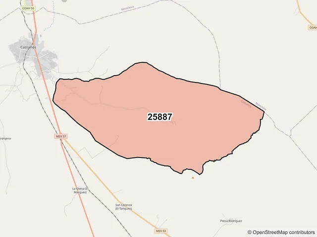 Mapa del código postal 25887, Castaños, Coahuila de Zaragoza