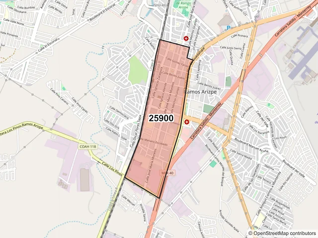 Mapa del código postal 25900, Ramos Arizpe, Coahuila de Zaragoza