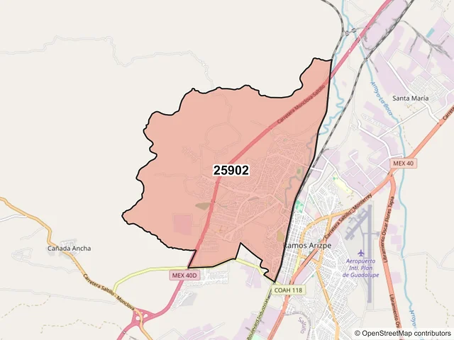 Mapa del código postal 25902, Ramos Arizpe, Coahuila de Zaragoza