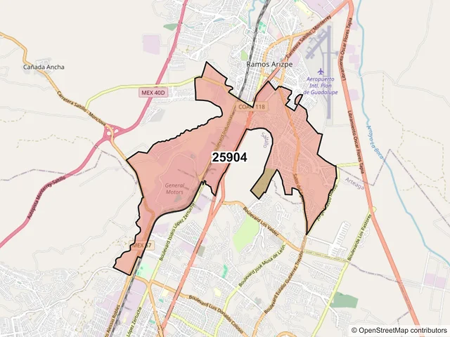 Mapa del código postal 25904, Ramos Arizpe, Coahuila de Zaragoza