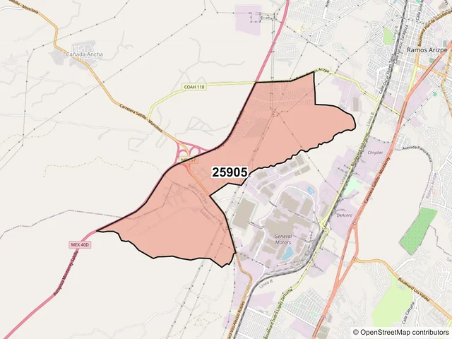 Mapa del código postal 25905, Ramos Arizpe, Coahuila de Zaragoza