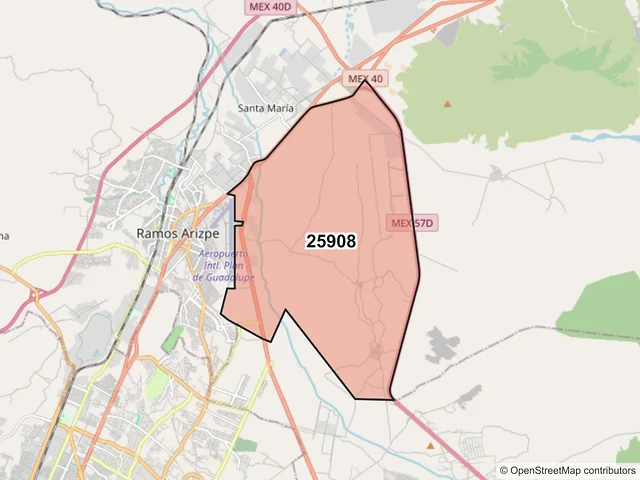 Mapa del código postal 25908, Ramos Arizpe, Coahuila de Zaragoza