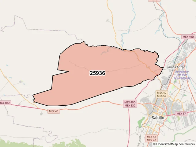 Mapa del código postal 25936, Ramos Arizpe, Coahuila de Zaragoza