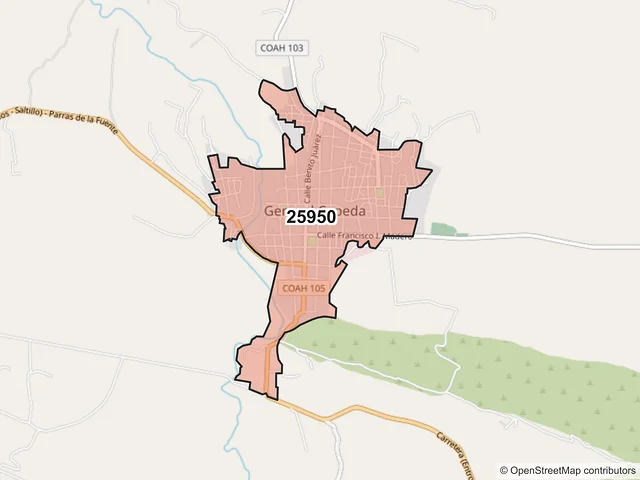 Mapa del código postal 25950, General Cepeda, Coahuila de Zaragoza