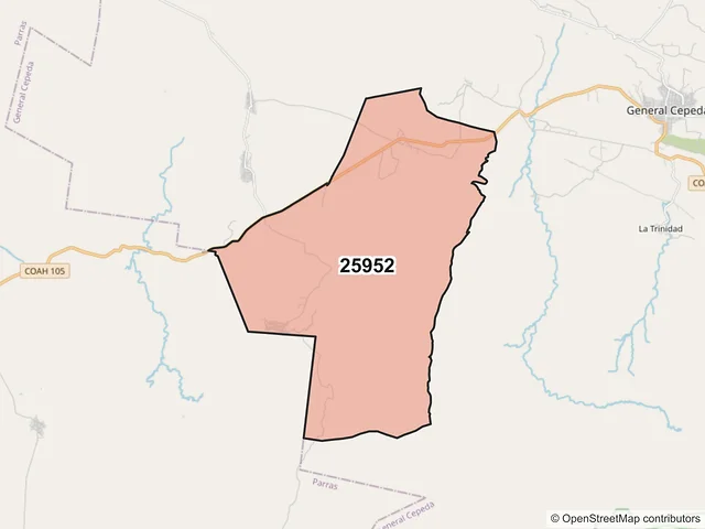 Mapa del código postal 25952, General Cepeda, Coahuila de Zaragoza
