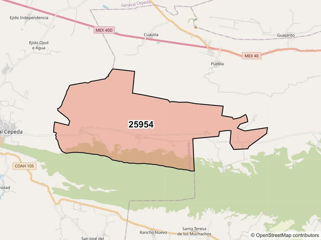Mapa del código postal 25954, General Cepeda, Coahuila de Zaragoza