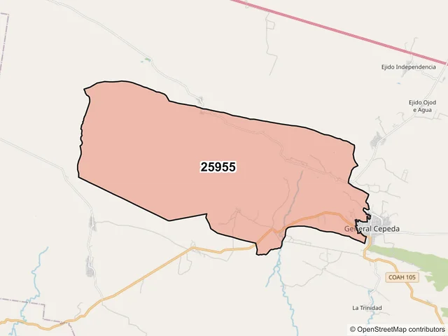 Mapa del código postal 25955, General Cepeda, Coahuila de Zaragoza