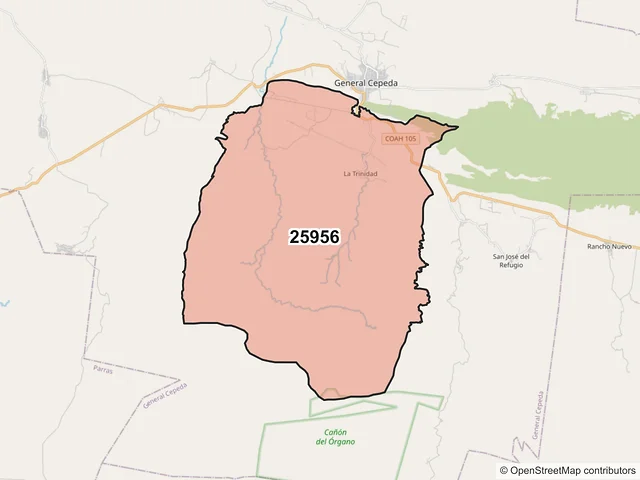Mapa del código postal 25956, General Cepeda, Coahuila de Zaragoza