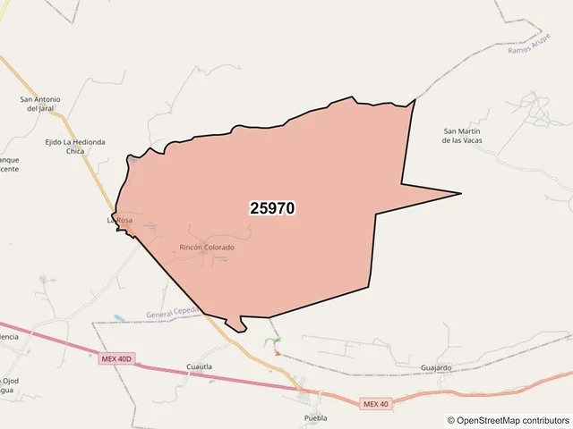 Mapa del código postal 25970, General Cepeda, Coahuila de Zaragoza