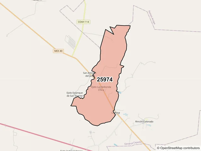 Mapa del código postal 25974, General Cepeda, Coahuila de Zaragoza