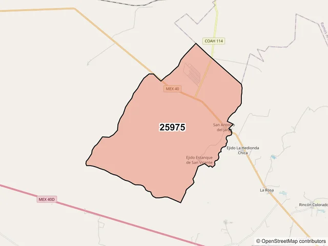 Mapa del código postal 25975, General Cepeda, Coahuila de Zaragoza