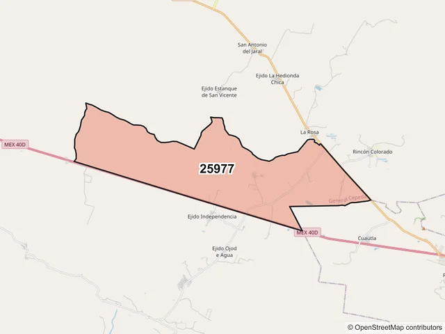 Mapa del código postal 25977, General Cepeda, Coahuila de Zaragoza