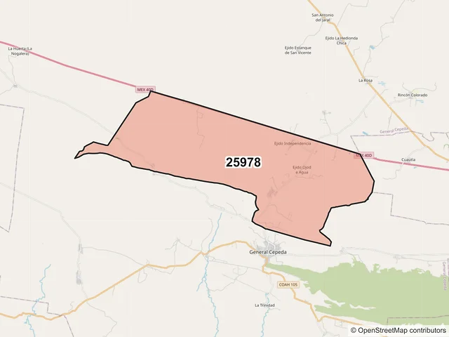Mapa del código postal 25978, General Cepeda, Coahuila de Zaragoza