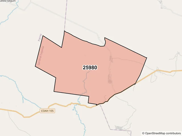 Mapa del código postal 25980, General Cepeda, Coahuila de Zaragoza