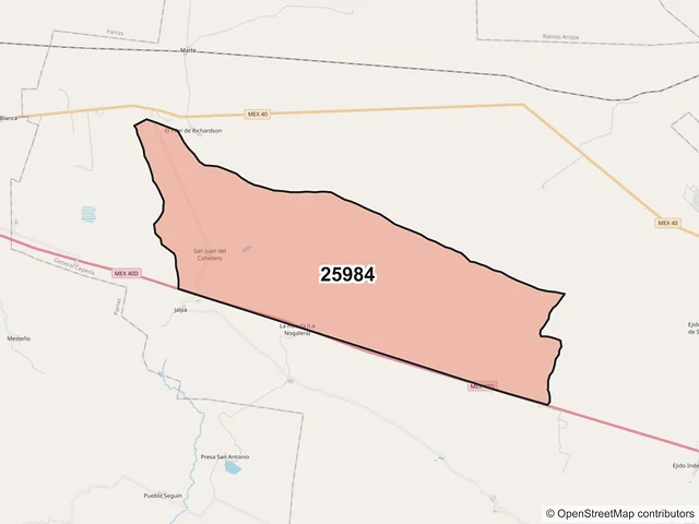 Mapa del código postal 25984, General Cepeda, Coahuila de Zaragoza