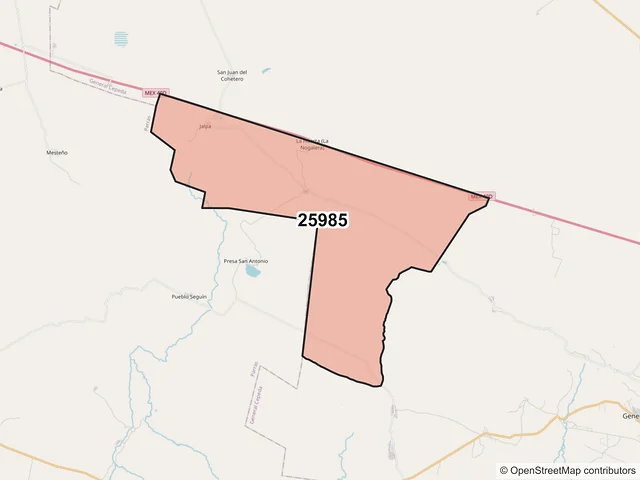 Mapa del código postal 25985, General Cepeda, Coahuila de Zaragoza