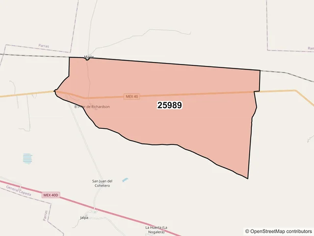 Mapa del código postal 25989, General Cepeda, Coahuila de Zaragoza