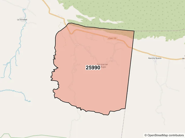 Mapa del código postal 25990, General Cepeda, Coahuila de Zaragoza