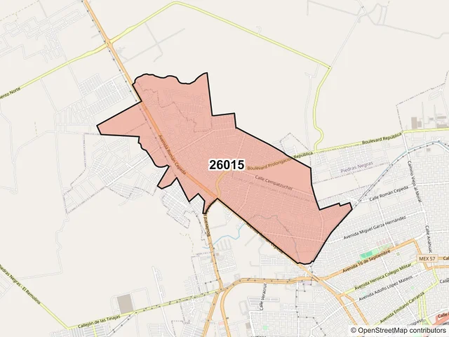 Mapa del código postal 26015, Piedras Negras, Coahuila de Zaragoza