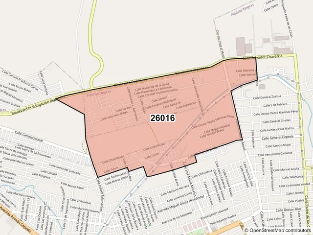 Mapa del código postal 26016, Piedras Negras, Coahuila de Zaragoza