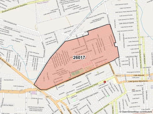 Mapa del código postal 26017, Piedras Negras, Coahuila de Zaragoza